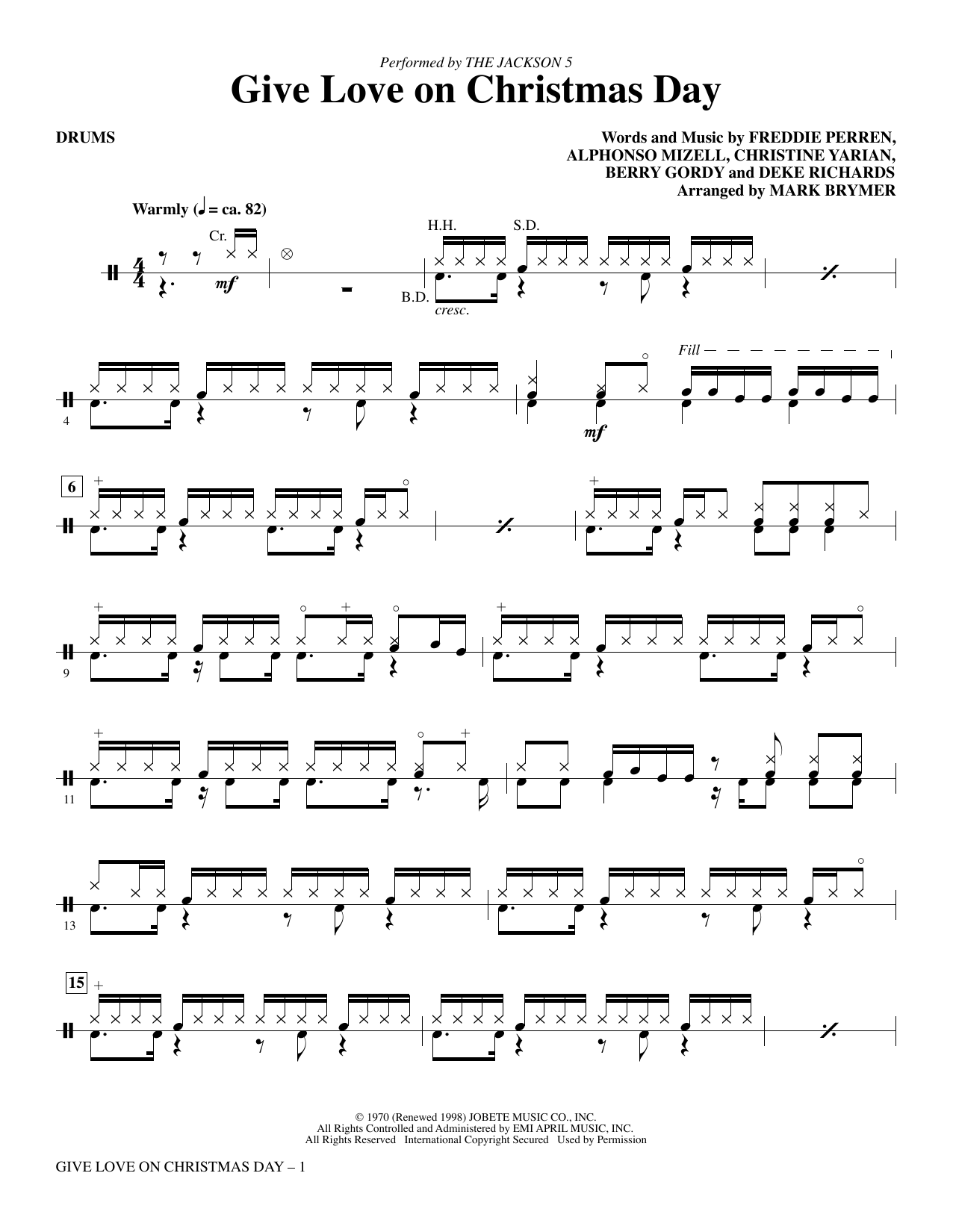 The Jackson 5 "Give Love On Christmas Day (Arr. Mark Brymer) - Drums" Sheet Music Pdf Notes, Chords | Christmas Score Choir Instrumental Pak Download Printable. Sku: 420886