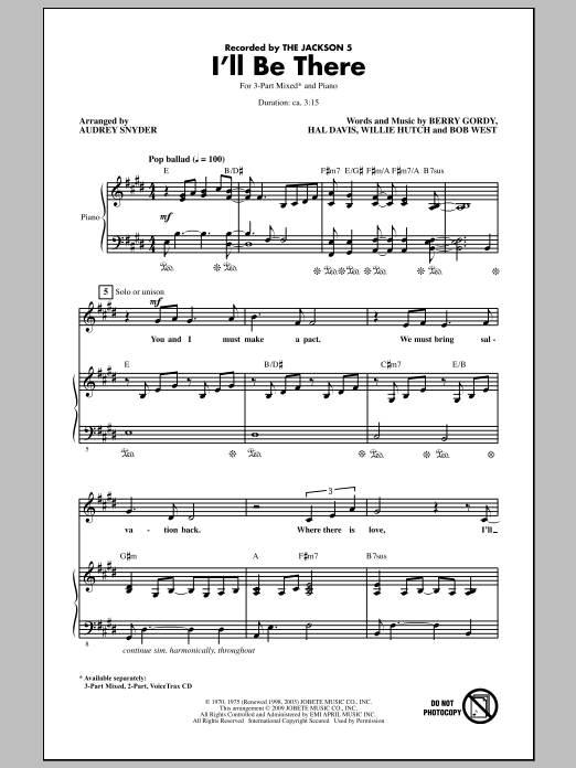 Learn to play Audrey Snyder I'll Be There sheet music for 3-Part Mixed Choir in minutes. Price: 3.9900$ Audrey Snyder I'll Be There sheet music notes and chords arranged for 3-Part Mixed Choir