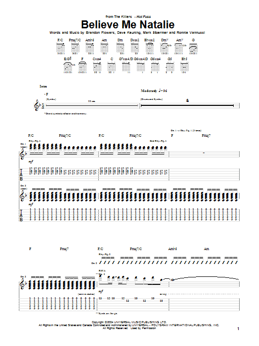 The Killers Believe Me Natalie sheet music notes and chords. Download Printable PDF.
