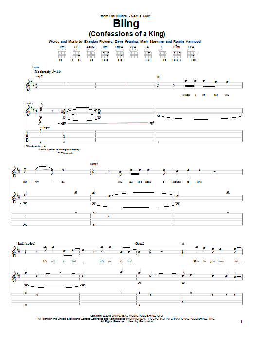 Learn to play The Killers Bling (Confessions Of A King) sheet music for Guitar Tab in minutes. Price: 7.8900$ The Killers Bling (Confessions Of A King) sheet music notes and chords arranged for Guitar Tab