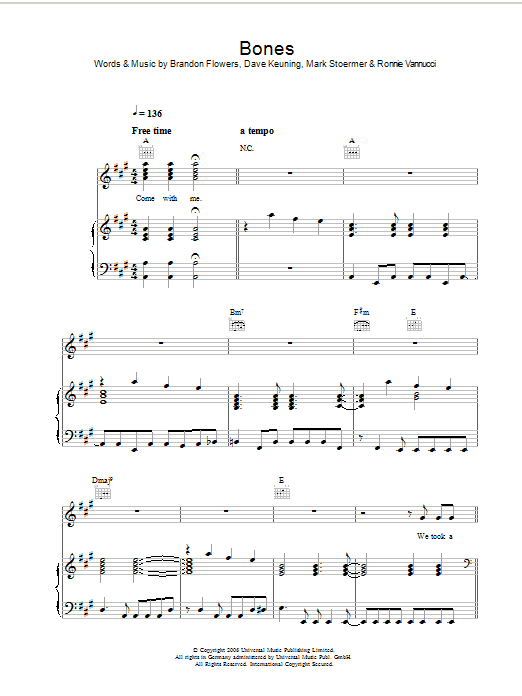 The Killers Bones sheet music notes and chords. Download Printable PDF.