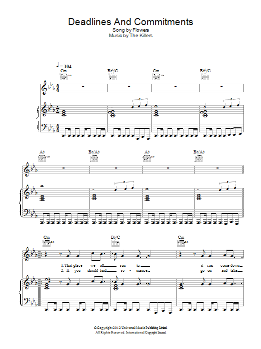 The Killers Deadlines And Commitments sheet music notes and chords. Download Printable PDF.