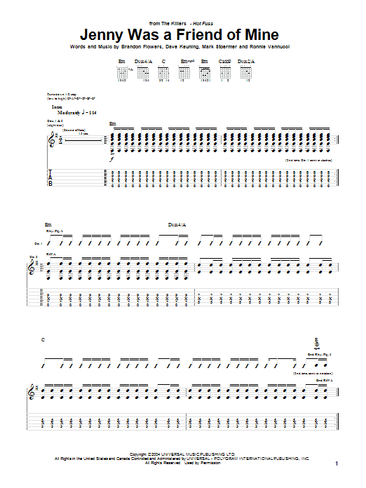 Learn to play The Killers Jenny Was A Friend Of Mine sheet music for Guitar Chords/Lyrics in minutes. Price: 4.9900$ The Killers Jenny Was A Friend Of Mine sheet music notes and chords. Download Printable PDF.