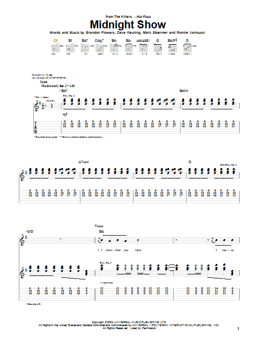 The Killers Midnight Show sheet music notes and chords. Download Printable PDF.