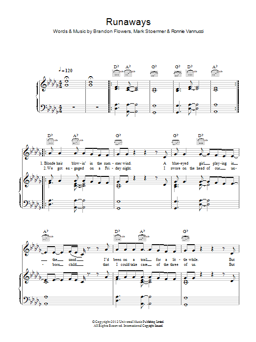 The Killers Runaways sheet music notes and chords. Download Printable PDF.