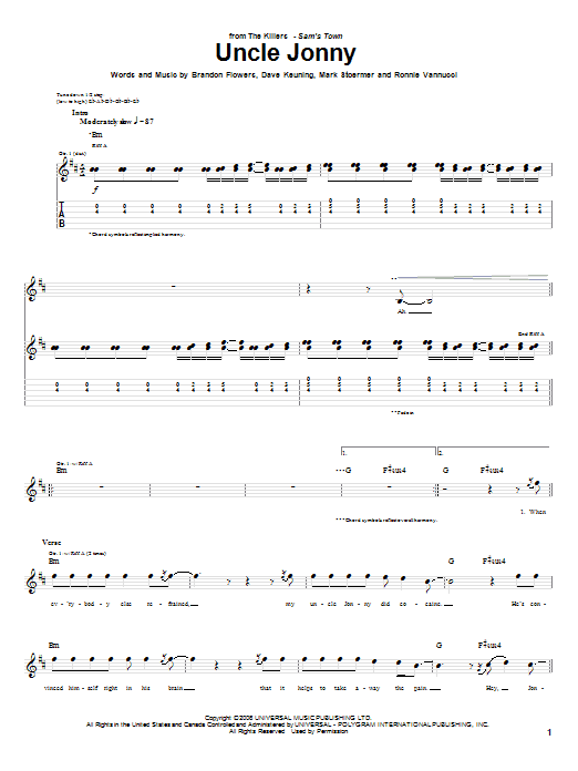 The Killers Uncle Jonny sheet music notes and chords. Download Printable PDF.