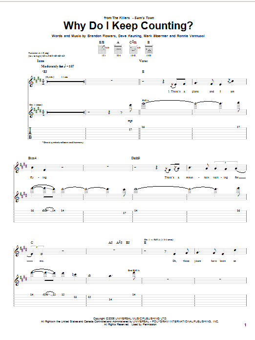 Learn to play The Killers Why Do I Keep Counting? sheet music for Guitar Tab in minutes. Price: 7.8900$ The Killers Why Do I Keep Counting? sheet music notes and chords arranged for Guitar Tab