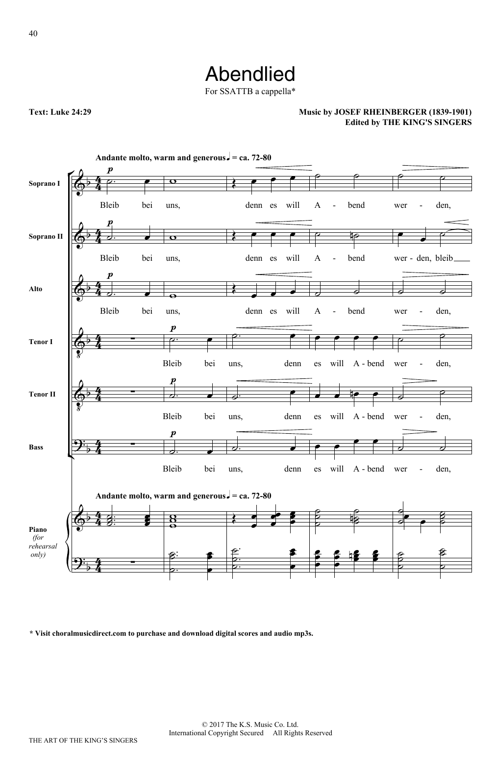 Josef Rheinberger Abendlied sheet music notes and chords. Download Printable PDF.