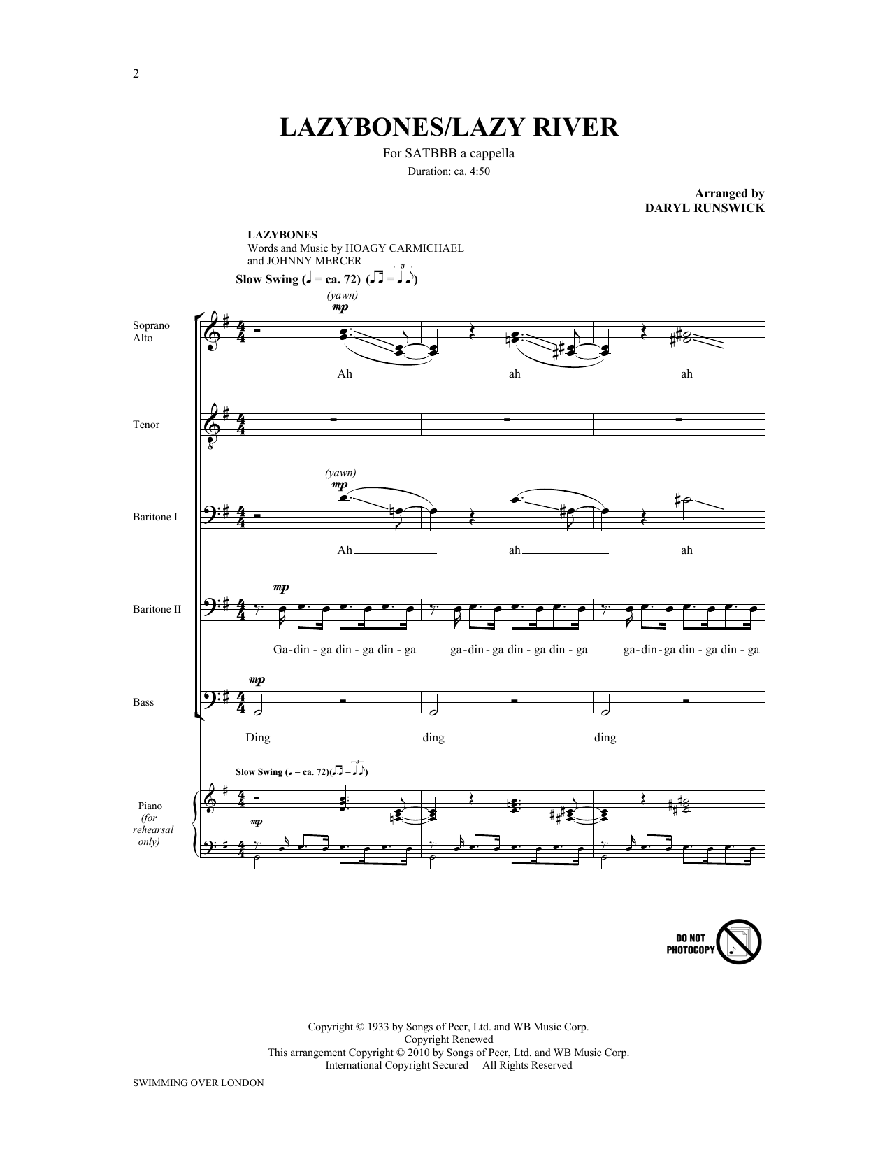 Learn to play The King's Singers Lazybones/Lazy River (from Swimming Over London) sheet music for SATB Choir in minutes. Price: 3.9900$ The King's Singers Lazybones/Lazy River (from Swimming Over London) sheet music notes and chords arranged for SATB Choir