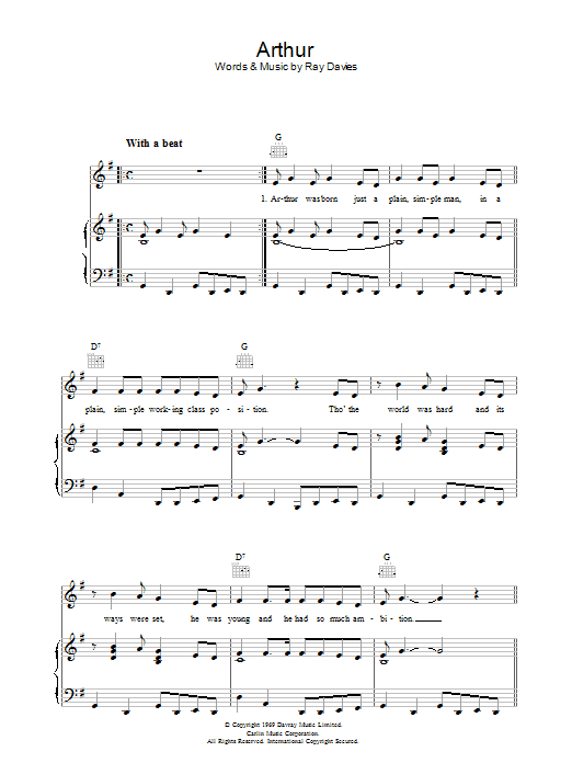 The Kinks Arthur sheet music notes and chords. Download Printable PDF.