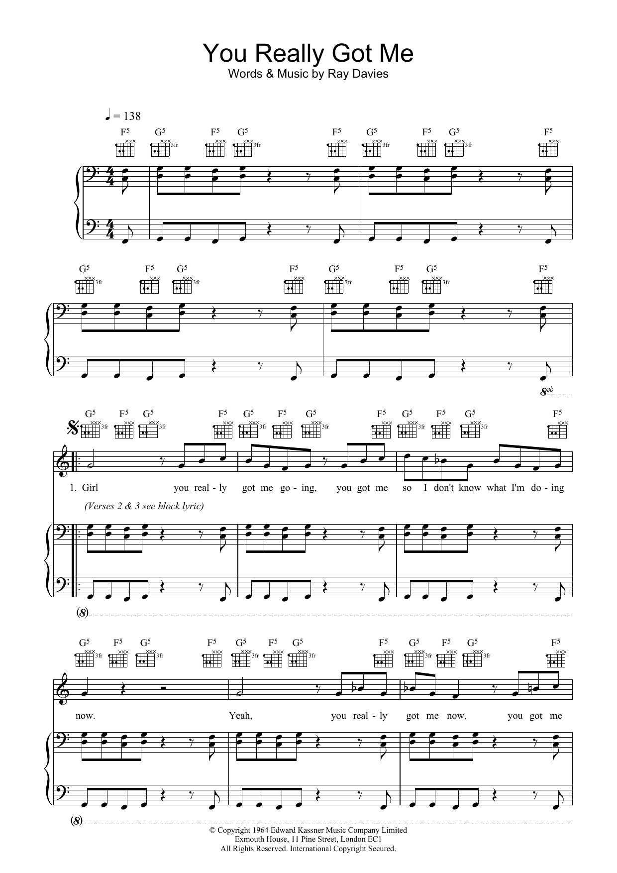The Kinks You Really Got Me sheet music notes and chords. Download Printable PDF.