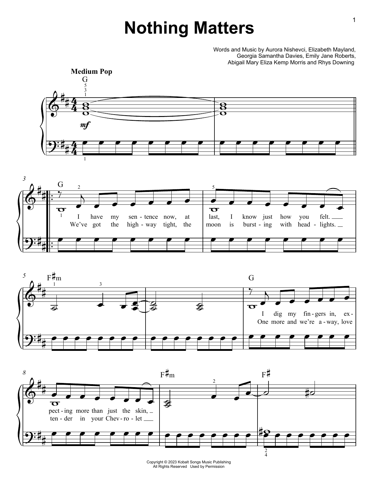 The Last Dinner Party "Nothing Matters" Sheet Music for Really Easy Piano Download PDF 1589793