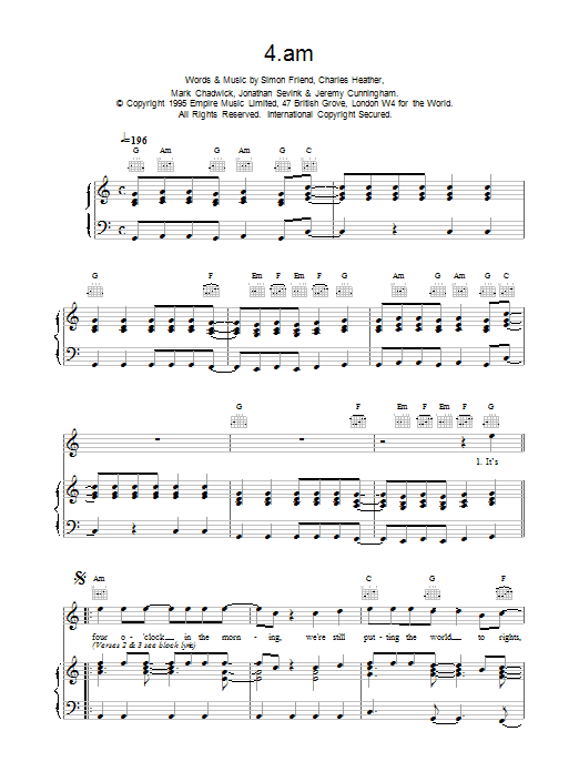 The Levellers 4am sheet music notes and chords. Download Printable PDF.