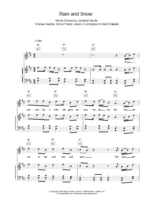 The Levellers Rain And Snow sheet music for Piano, Vocal & Guitar (Right-Hand Melody) in minutes. Price: 7.8900$ The Levellers Rain And Snow sheet music notes and chords. Download Printable PDF.