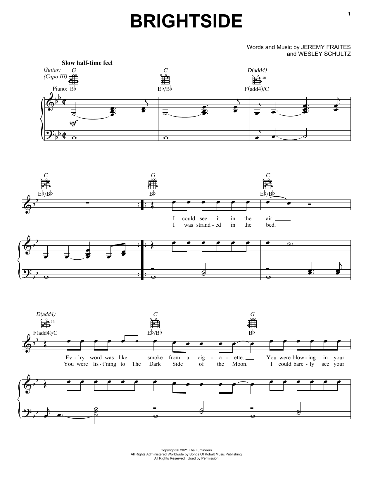 The Lumineers Brightside sheet music notes and chords. Download Printable PDF.