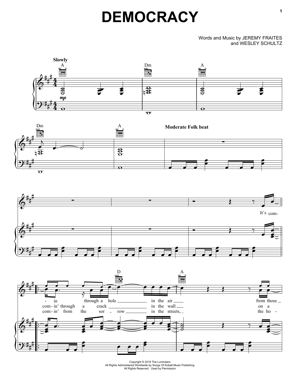 The Lumineers Democracy sheet music notes and chords. Download Printable PDF.