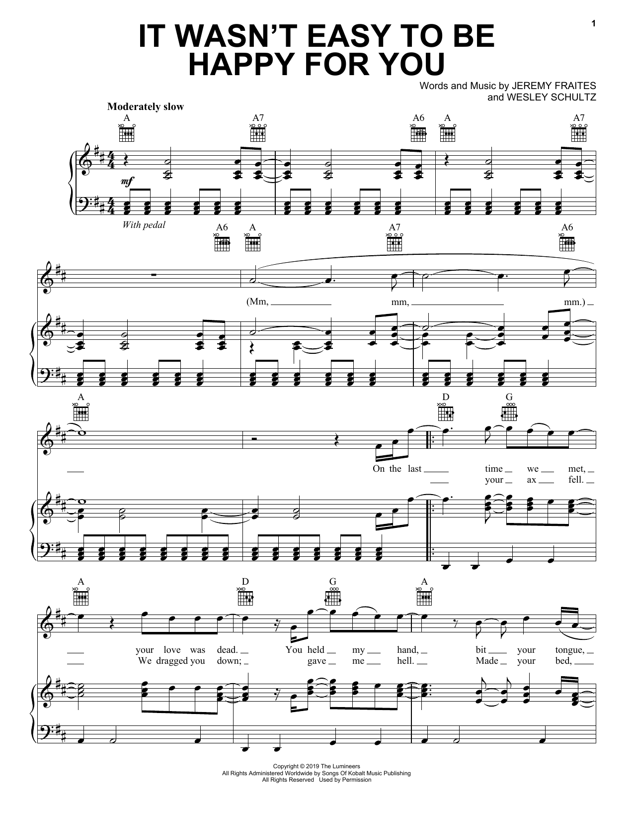 Learn to play The Lumineers It Wasn't Easy To Be Happy For You sheet music for Piano, Vocal & Guitar Chords (Right-Hand Melody) in minutes. Price: 6.9900$ The Lumineers It Wasn't Easy To Be Happy For You sheet music notes and chords arranged for Piano, Vocal & Guitar Chords (Right-Hand Melody)