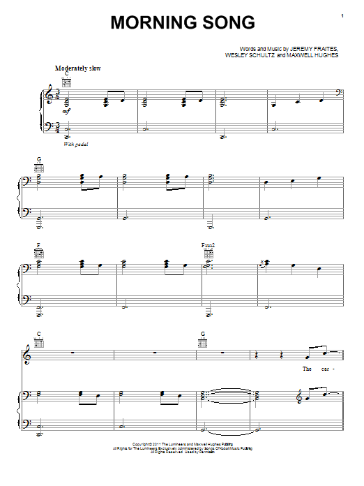 The Lumineers Morning Song sheet music notes and chords. Download Printable PDF.