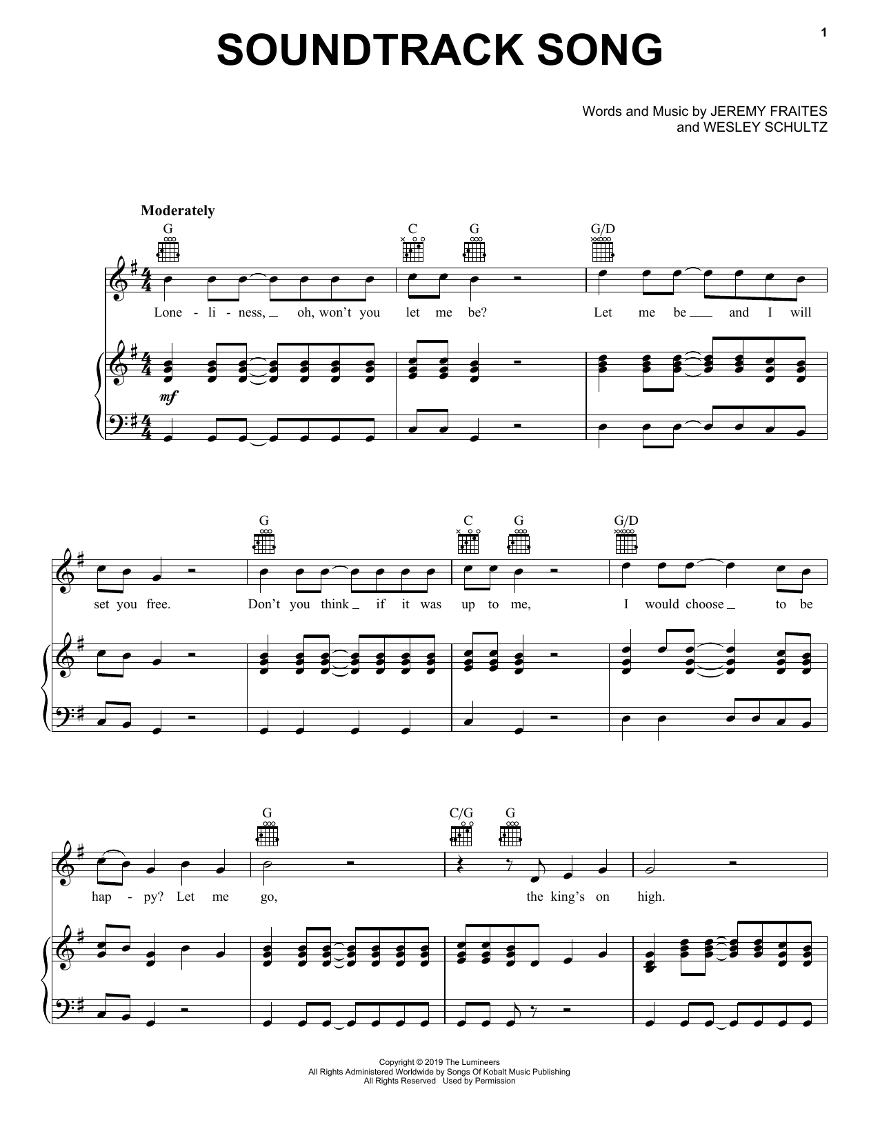 The Lumineers Soundtrack Song sheet music notes and chords. Download Printable PDF.