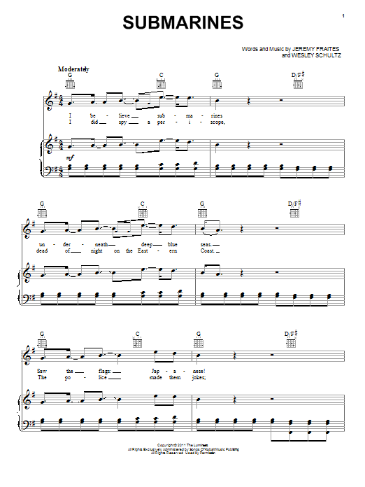 The Lumineers Submarines sheet music notes and chords. Download Printable PDF.