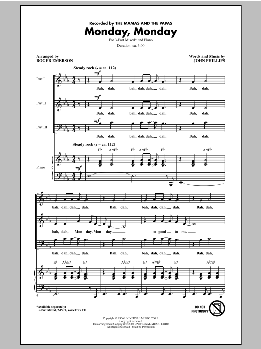 Learn to play The Mamas & The Papas Monday, Monday (arr. Roger Emerson) sheet music for 3-Part Mixed Choir in minutes. The Mamas & The Papas Monday, Monday (arr. Roger Emerson) sheet music notes and chords. Download Printable PDF.