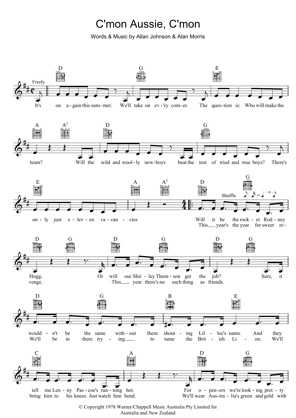 The Mojo Singers C'mon Aussie, C'mon sheet music notes and chords arranged for Lead Sheet / Fake Book