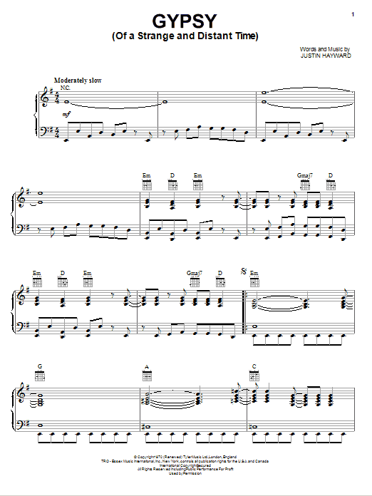 Learn to play The Moody Blues Gypsy (Of A Strange And Distant Time) sheet music for Piano, Vocal & Guitar Chords (Right-Hand Melody) in minutes. Price: 6.9900$ The Moody Blues Gypsy (Of A Strange And Distant Time) sheet music notes and chords arranged for Piano, Vocal & Guitar Chords (Right-Hand Melody)