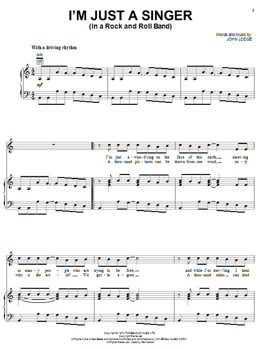 The Moody Blues I'm Just A Singer (In A Rock And Roll Band) sheet music notes and chords. Download Printable PDF.