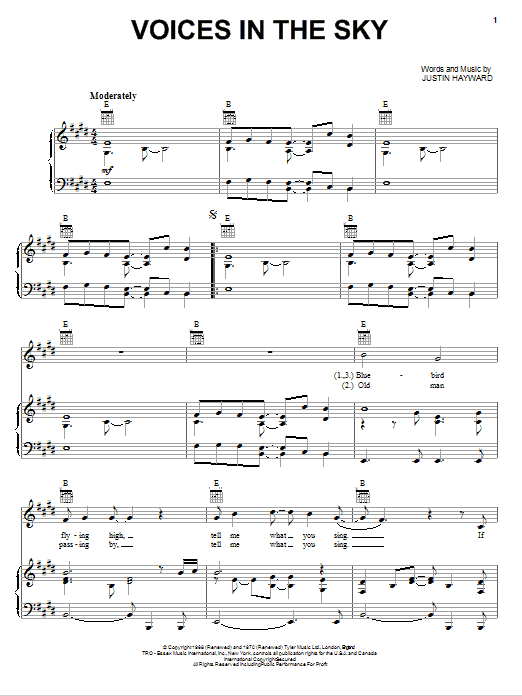 Learn to play The Moody Blues Voices In The Sky sheet music for Piano, Vocal & Guitar Chords (Right-Hand Melody) in minutes. Price: 6.9900$ The Moody Blues Voices In The Sky sheet music notes and chords arranged for Piano, Vocal & Guitar Chords (Right-Hand Melody)