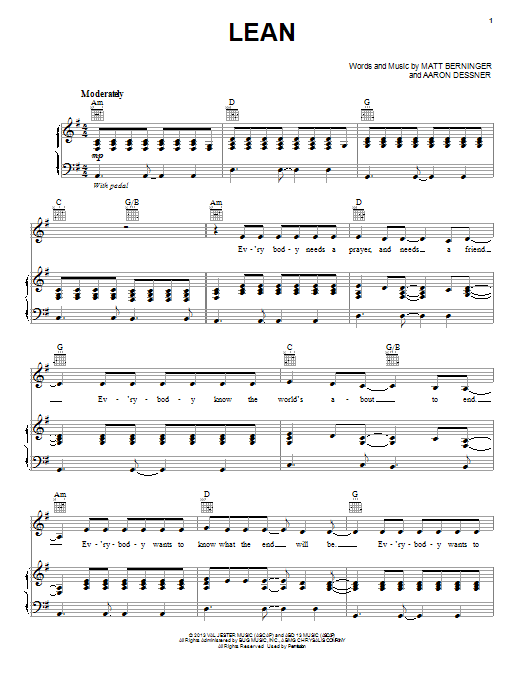 The National Lean sheet music notes and chords. Download Printable PDF.