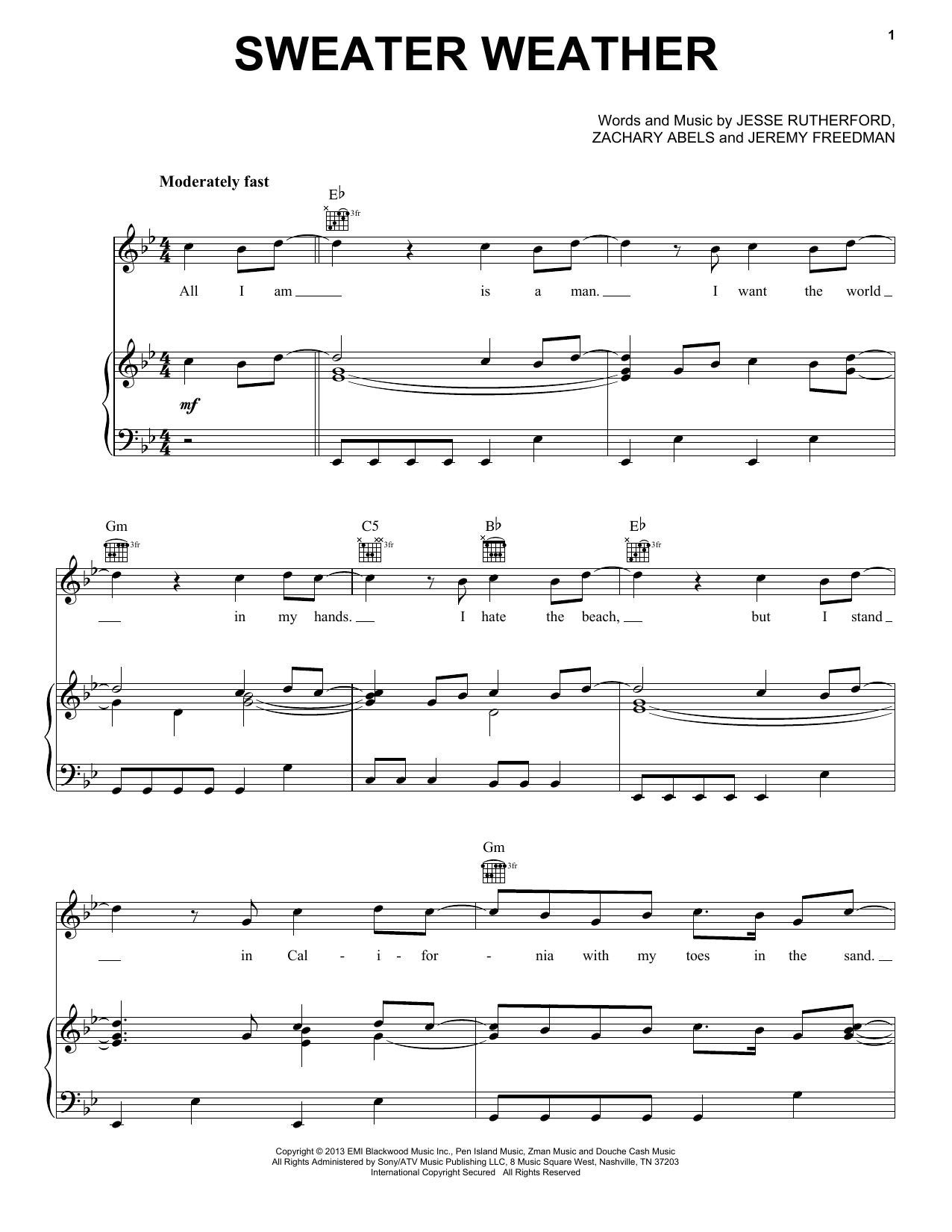 Neighbourhood "Sweater Weather" Sheet Music PDF Notes, Chords | Pop Score Piano, Vocal & Guitar Melody) Download Printable. SKU: 152203