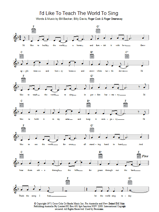 Learn to play The New Seekers I'd Like To Teach The World To Sing sheet music for Easy Piano in minutes. The New Seekers I'd Like To Teach The World To Sing sheet music notes and chords. Download Printable PDF.