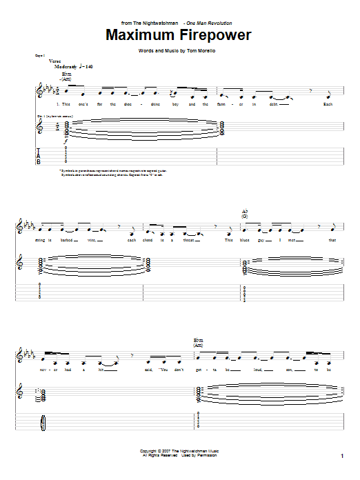 Learn to play The Nightwatchman Maximum Firepower sheet music for Guitar Tab in minutes. Price: 7.8900$ The Nightwatchman Maximum Firepower sheet music notes and chords arranged for Guitar Tab