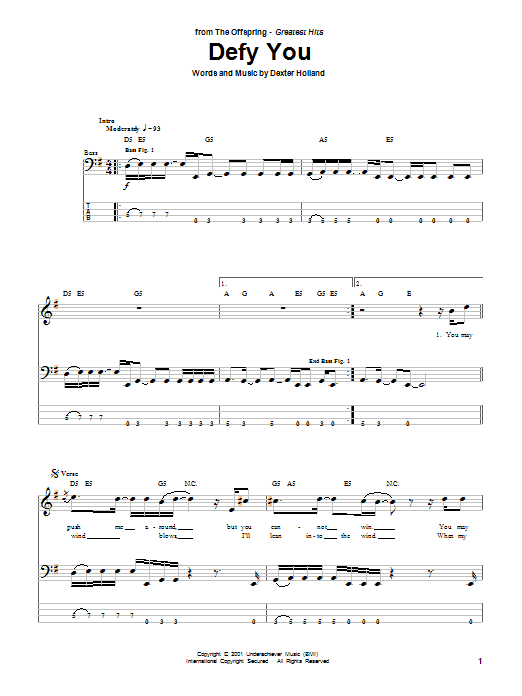 The Offspring Defy You sheet music notes and chords. Download Printable PDF.