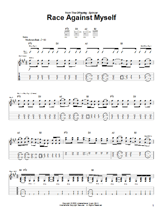 The Offspring Race Against Myself sheet music notes and chords. Download Printable PDF.