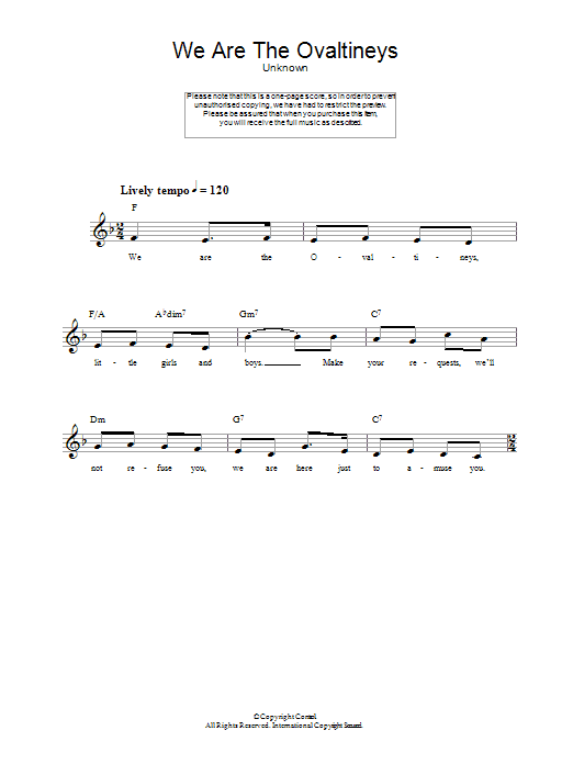 Learn to play Unknown We Are The Ovaltineys sheet music for Lead Sheet / Fake Book in minutes. Price: 5.9900$ Unknown We Are The Ovaltineys sheet music notes and chords arranged for Lead Sheet / Fake Book