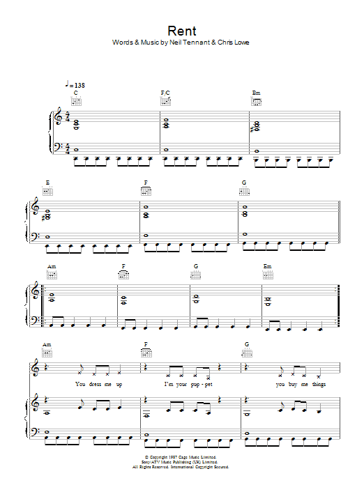 Learn to play Pet Shop Boys Rent sheet music for Piano, Vocal & Guitar (Right-Hand Melody) in minutes. Pet Shop Boys Rent sheet music notes and chords. Download Printable PDF.