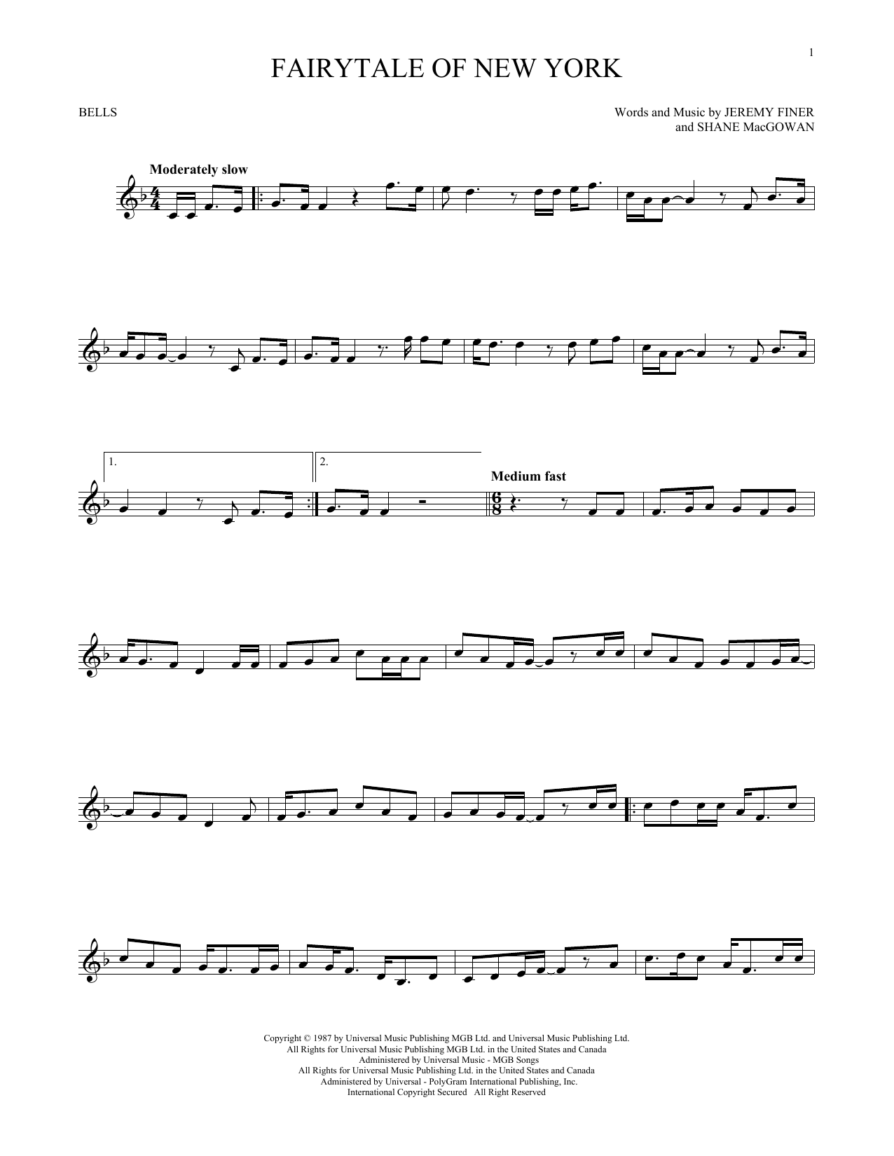 Learn to play The Pogues feat. Kirsty MacColl Fairytale Of New York sheet music for Bells Solo in minutes. Price: 6.9900$ The Pogues feat. Kirsty MacColl Fairytale Of New York sheet music notes and chords arranged for Bells Solo