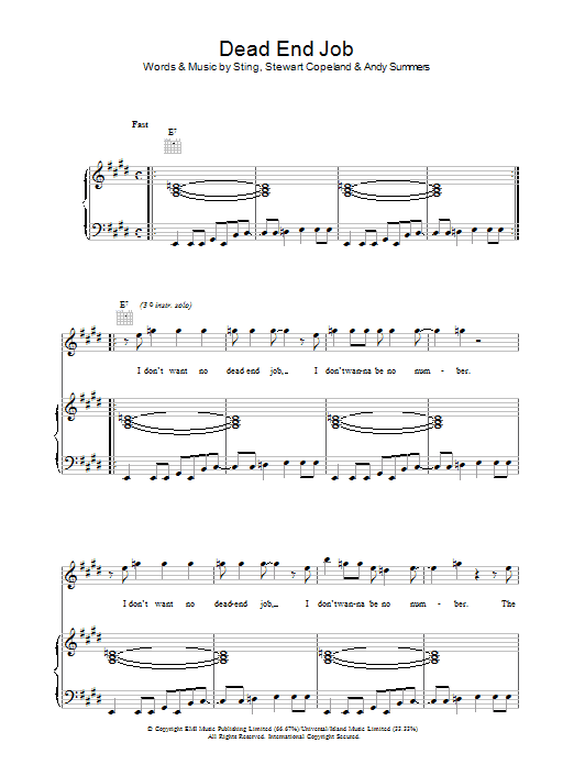 The Police Dead End Job sheet music notes and chords. Download Printable PDF.