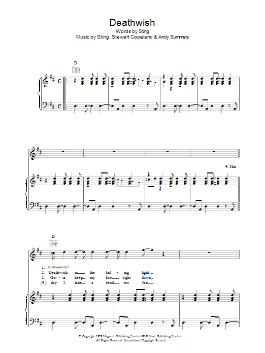 The Police Deathwish sheet music notes and chords. Download Printable PDF.