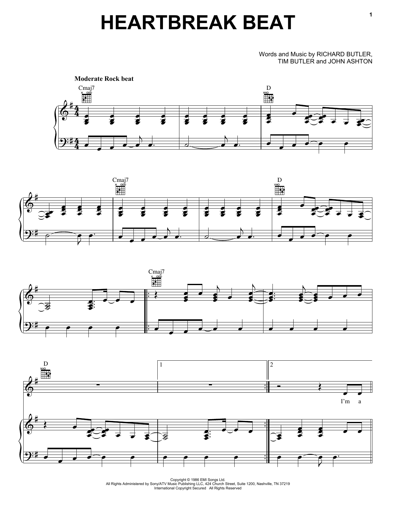 The Psychedelic Furs Heartbreak Beat sheet music notes and chords. Download Printable PDF.