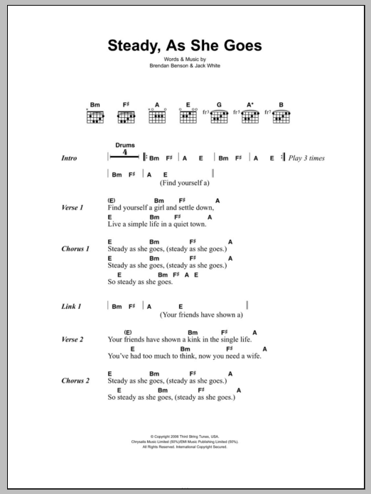 The Raconteurs Steady, As She Goes sheet music notes and chords. Download Printable PDF.