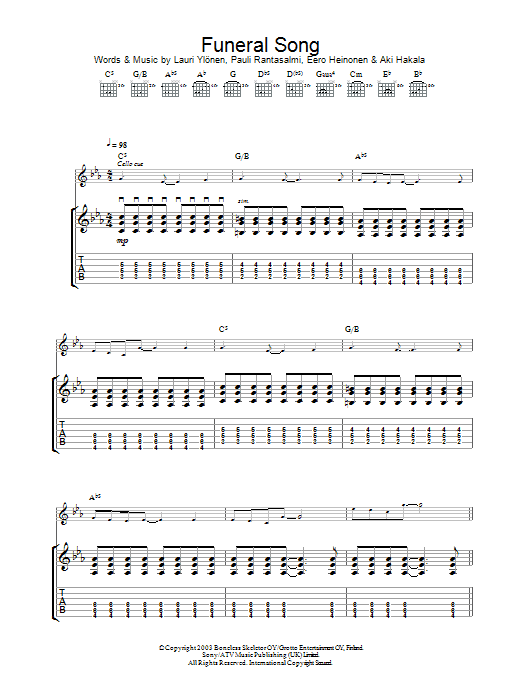 The Rasmus Funeral Song sheet music notes and chords. Download Printable PDF.