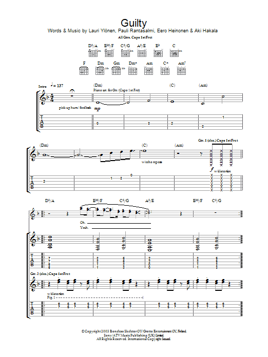 The Rasmus Guilty sheet music notes and chords. Download Printable PDF.