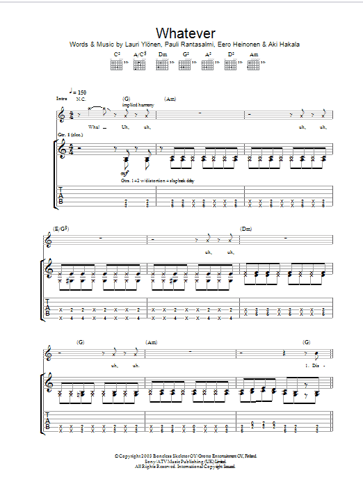 The Rasmus Whatever sheet music notes and chords. Download Printable PDF.