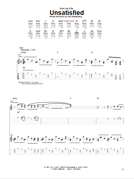 The Replacements Unsatisfied sheet music notes and chords. Download Printable PDF.