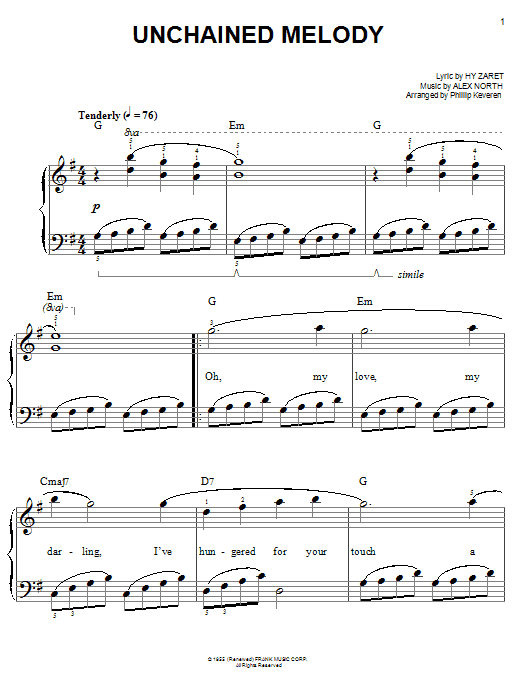 Learn to play The Righteous Brothers Unchained Melody (arr. Phillip Keveren) sheet music for Beginning Piano Solo in minutes. Price: 6.9900$ The Righteous Brothers Unchained Melody (arr. Phillip Keveren) sheet music notes and chords arranged for Beginning Piano Solo