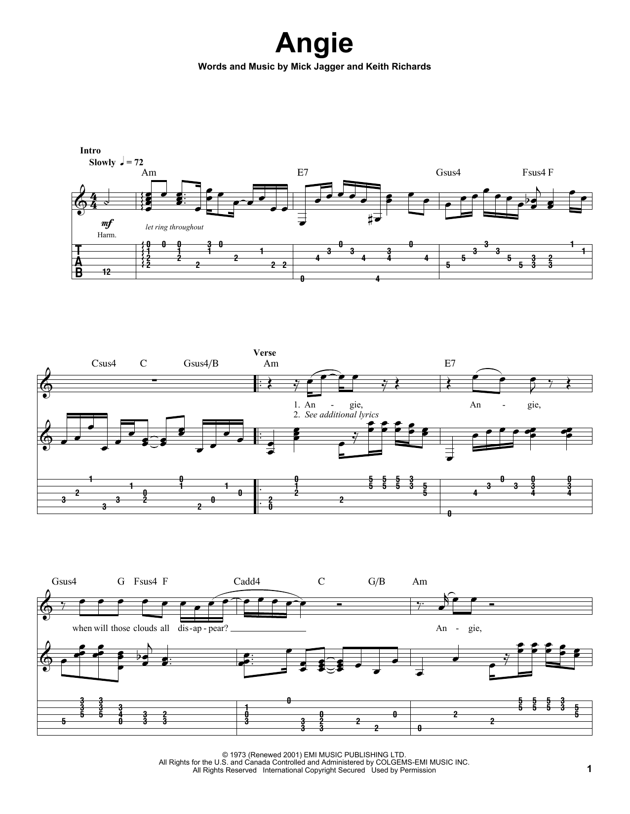 The Rolling Stones Angie sheet music notes and chords. Download Printable PDF.
