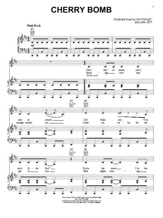 The Runaways Cherry Bomb sheet music notes and chords. Download Printable PDF.