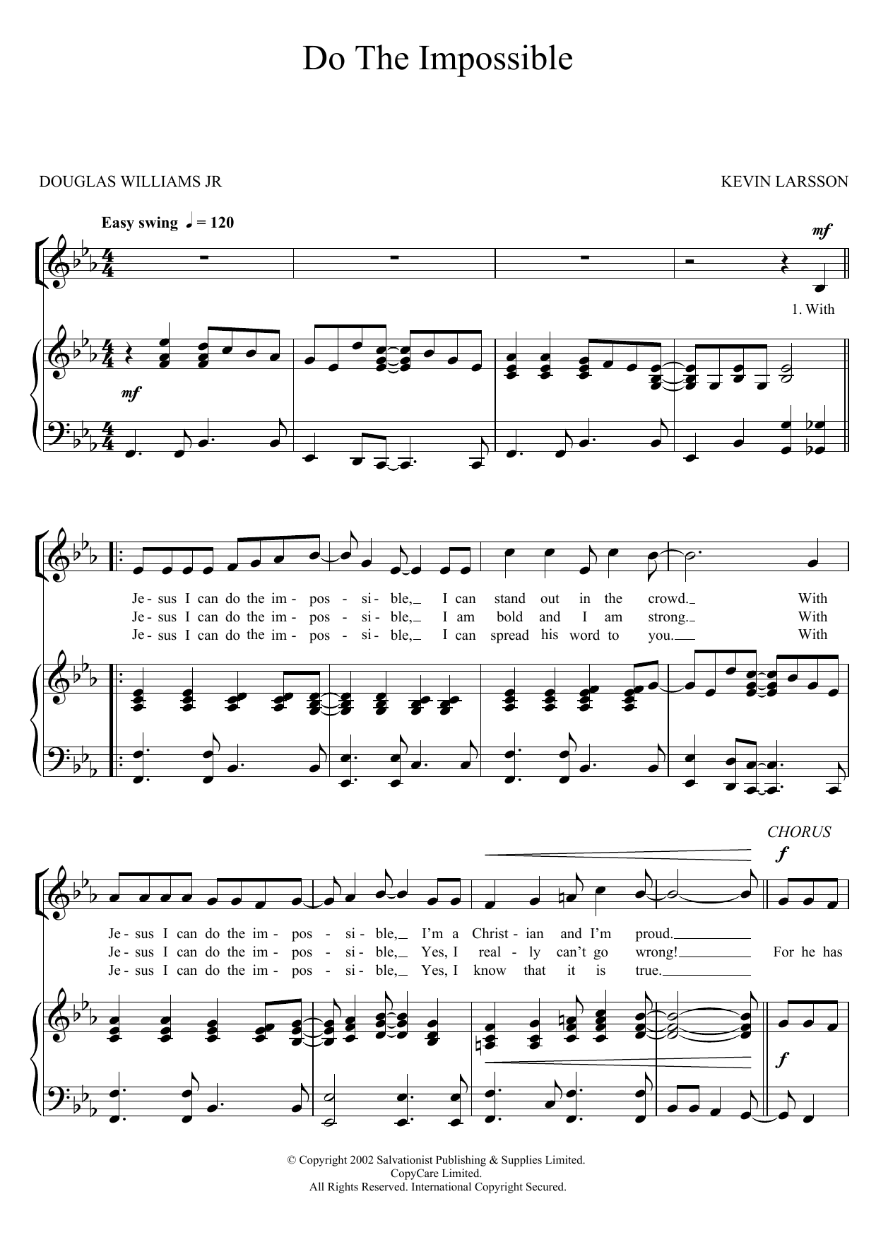 Learn to play The Salvation Army Do The Impossible sheet music for Unison Choir in minutes. Price: 3.9900$ The Salvation Army Do The Impossible sheet music notes and chords arranged for Unison Choir